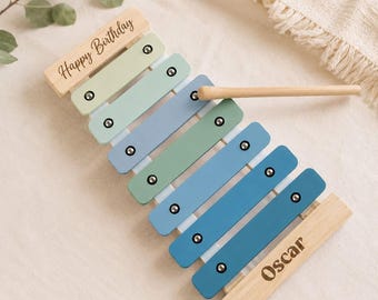 Personalised Xylophone Wooden Toy - Musical Pastel Blue - Engraved Gift