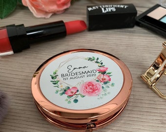 Personalised Wedding Compact Mirror - Bridesmaid Gift - Rose Gold Mirrors - Bride - Hen Party