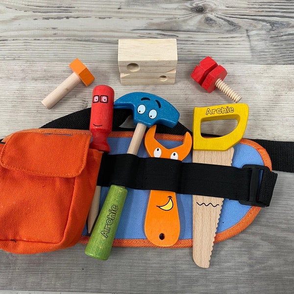 Personalised wooden multicoloured tool belt - builders’ belt - wooden toy - pretend tools