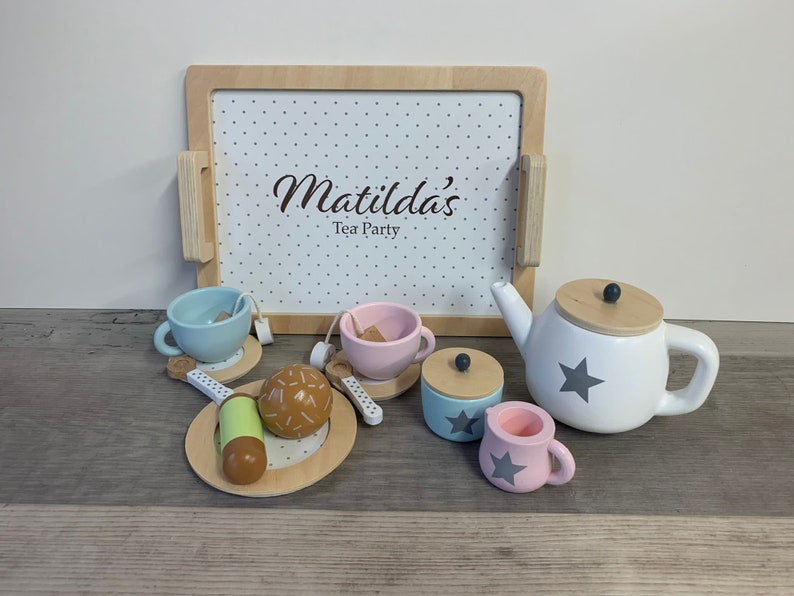 Personalised Wooden Tea Playset Stars Design Afternoon Tea Wooden Toys Personalized Tea Set Tea Party Unisex Tea Set image 2