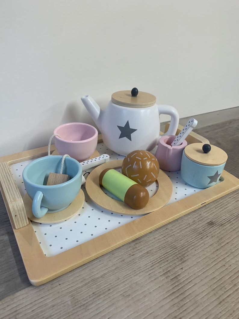 Personalised Wooden Tea Playset Stars Design Afternoon Tea Wooden Toys Personalized Tea Set Tea Party Unisex Tea Set image 6