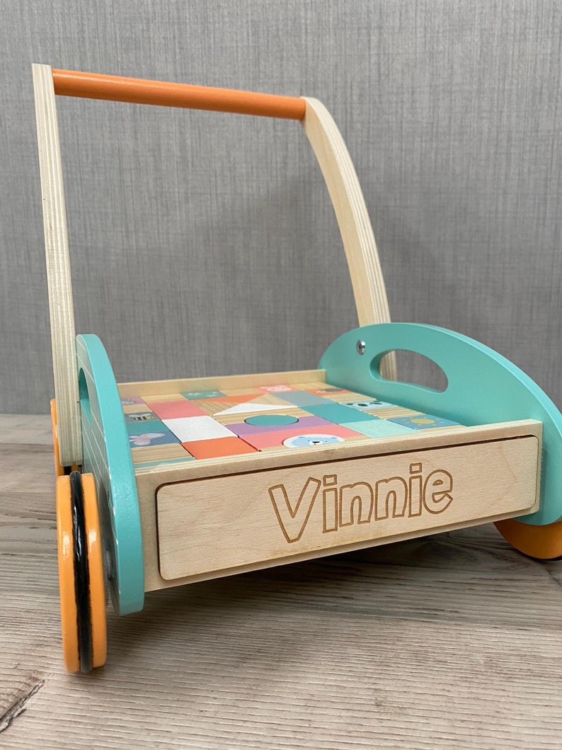 Personalised Wooden Unisex Walker with Shapes Learn to Walk Pastel Animal Blocks Toddler Gift Childrens Birthday image 7