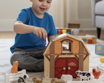 Personalised Wooden Toy Barn Farm House with animals - Carry house - Playset
