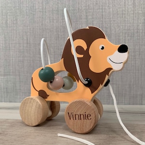Personalised lion pull along wooden toy - bead maze - CE tested