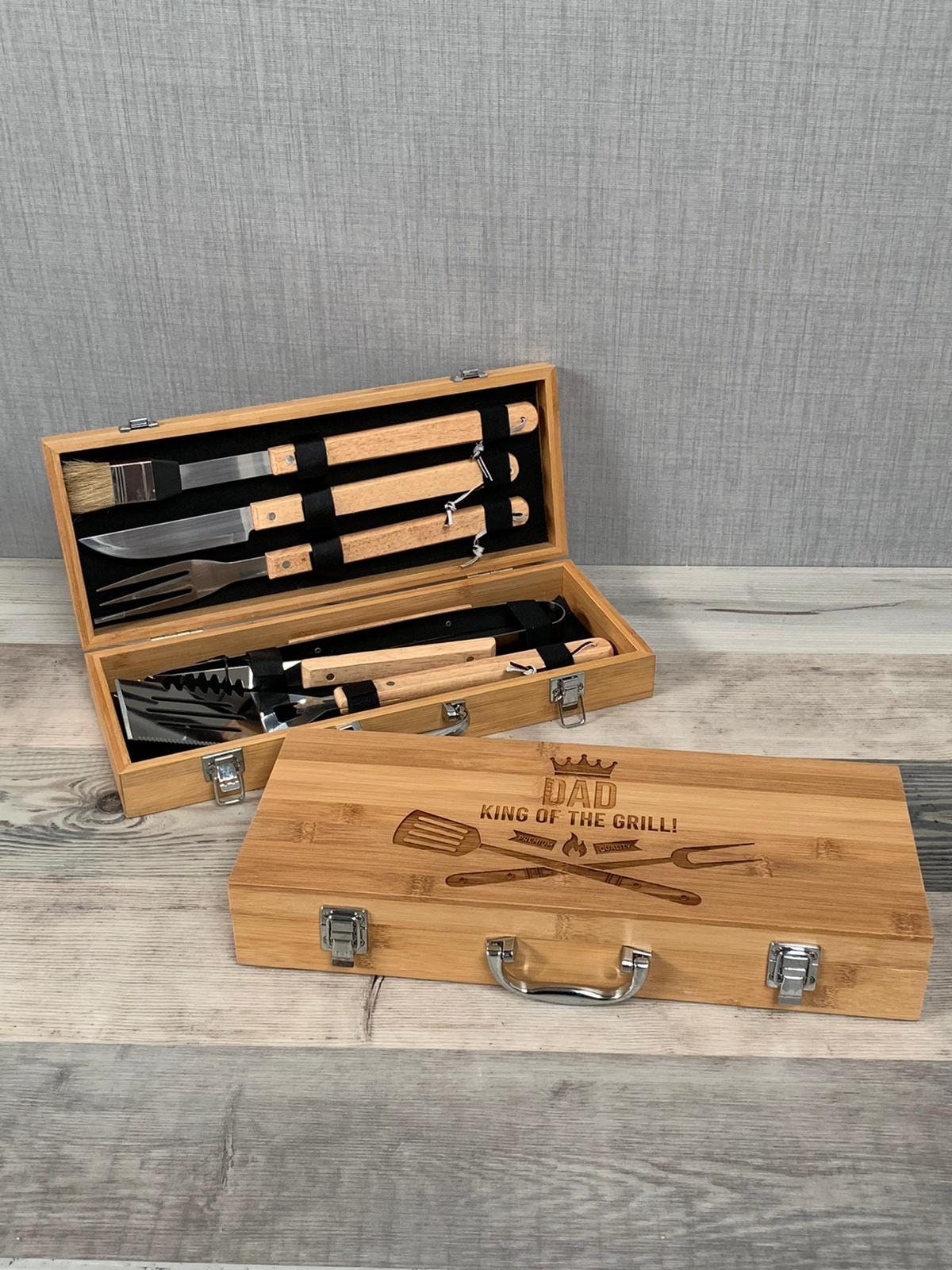 Personalised BBQ Grill Tool Set. Custom Engraved Wood Handle Barbecue  Cooking Utensils Fork Tongs Spatula L286 