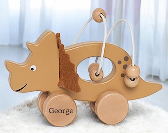 Personalised Abacus Dinosaur pull along wooden toy - 1st birthday gift - toddler gift - wooden toys