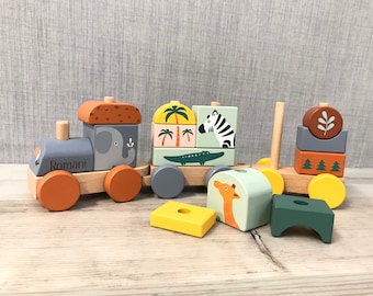 Personalised Wooden Safari Train - Unisex Toys - Push Along Train - Engraved Baby Toy - Baby Shower - Christening - Easter