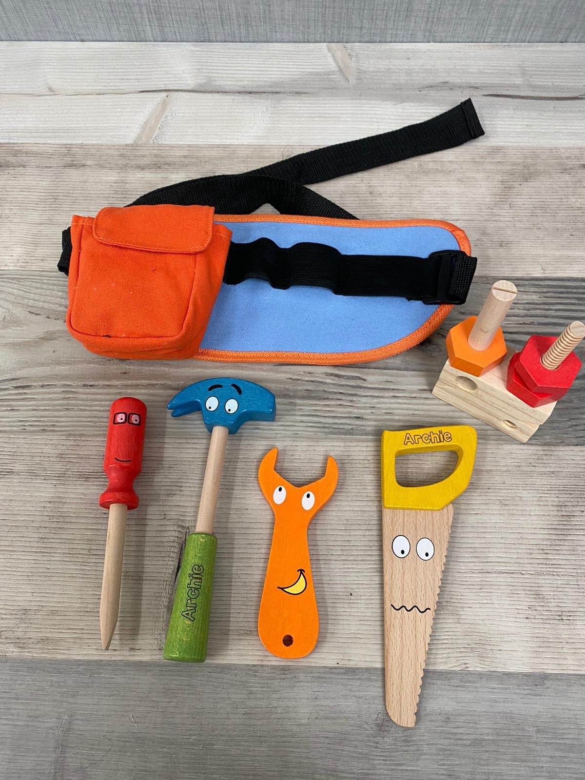 Personalised wooden multicoloured tool belt - builders’ belt - wooden toy - pretend tools