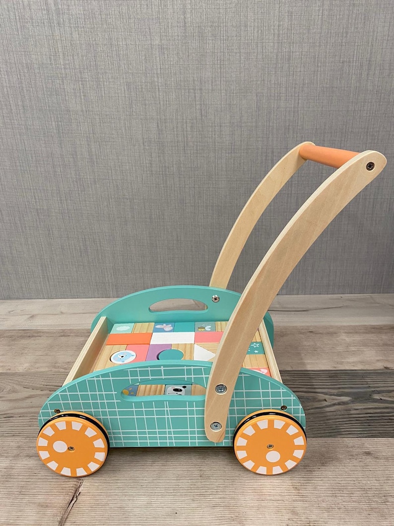 Personalised Wooden Unisex Walker with Shapes Learn to Walk Pastel Animal Blocks Toddler Gift Childrens Birthday image 3