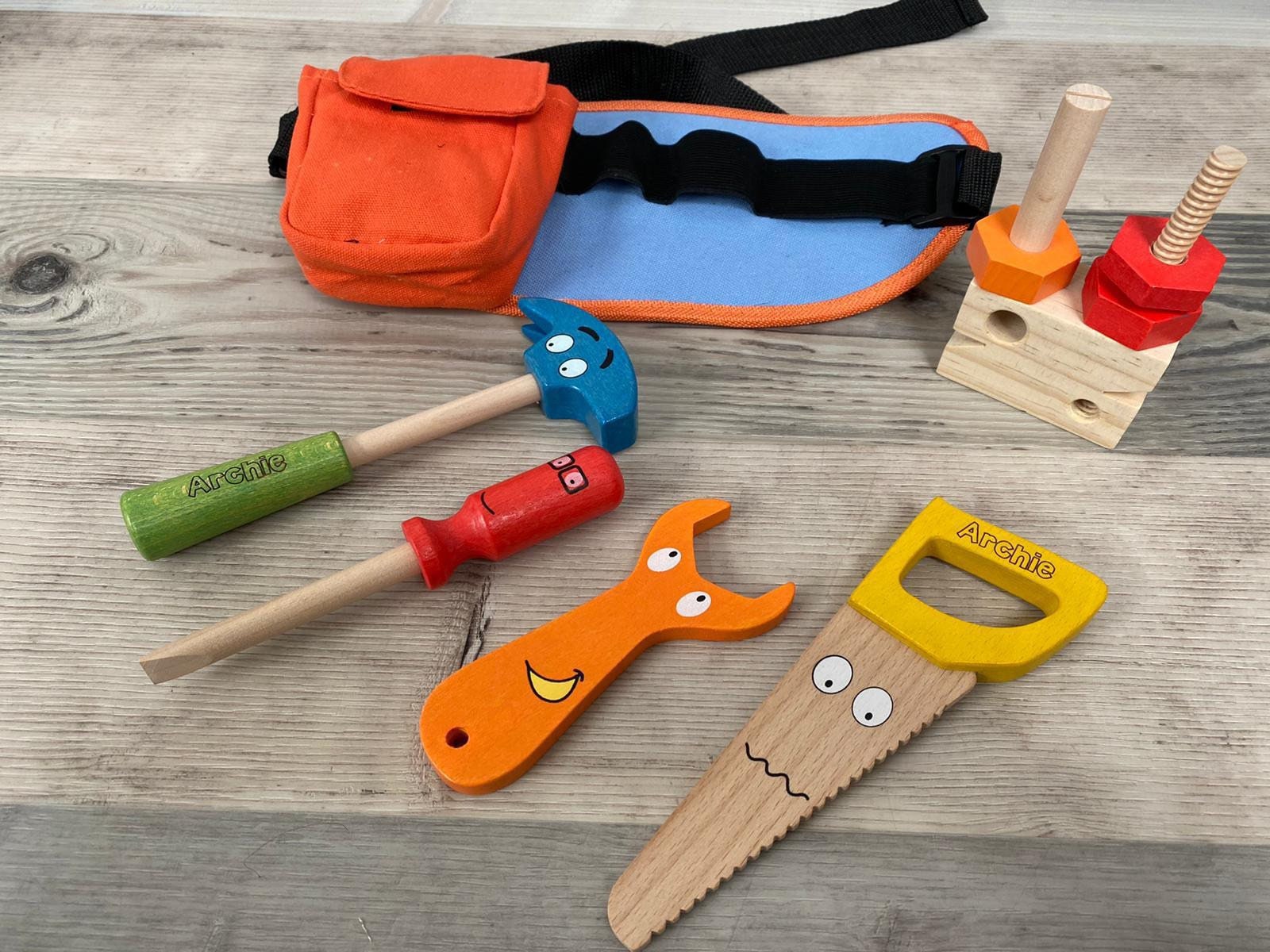 Personalised wooden multicoloured tool belt - builders’ belt - wooden toy - pretend tools