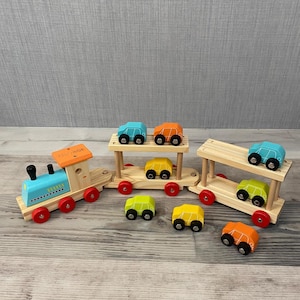 Personalised Wooden Car Transporter with Cars - Colourful Freight Train and Cars - Car Toys - Page Boy - Christening Gift