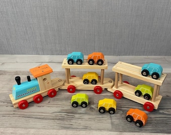 Personalised Wooden Car Transporter with Cars - Colourful Freight Train and Cars - Car Toys - Page Boy - Christening Gift