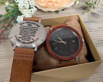 Engraved Leather Wooden Steel Backed Watch with Romantic “My Man” Engraved Quote - Gift for him - Father’s Day - Anniversary- Wedding Gift