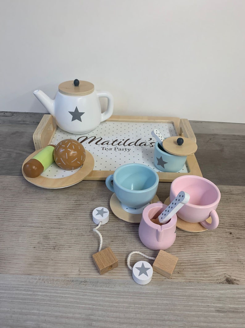 Personalised Wooden Tea Playset Stars Design Afternoon Tea Wooden Toys Personalized Tea Set Tea Party Unisex Tea Set image 3