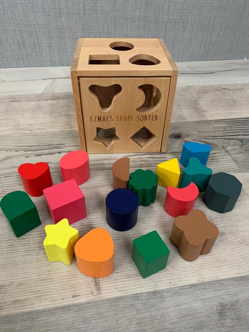 Personalised wooden shape sorter cube wooden toy learning Etsy