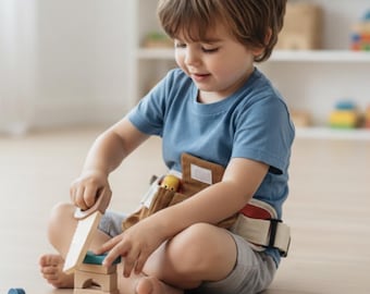 Personalised wooden multicoloured tool belt - builders’ belt - wooden toy - pretend tools