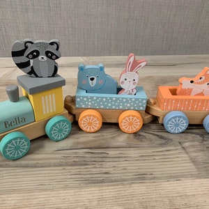 Personalised Wooden Train and Animal Friends - Unisex Toys - Push Along Train - Engraved Baby Toy - Baby Shower - Christening - Easter