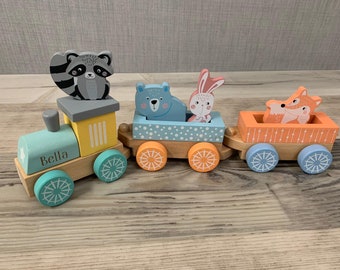 Tren de madera personalizado con animales - Juguetes unisex - Tren para empujar - Juguete grabado para bebé - Baby Shower - Bautizo - Pascua