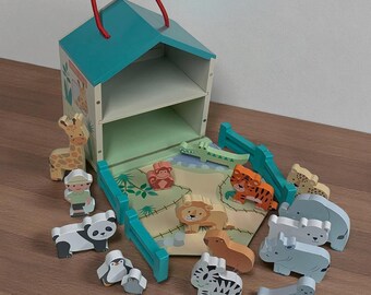 Personalised Zoo Play set with animal figures wooden toy