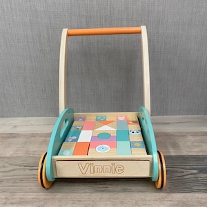 Personalised Wooden Unisex Walker with Shapes Learn to Walk Pastel Animal Blocks Toddler Gift Childrens Birthday image 4