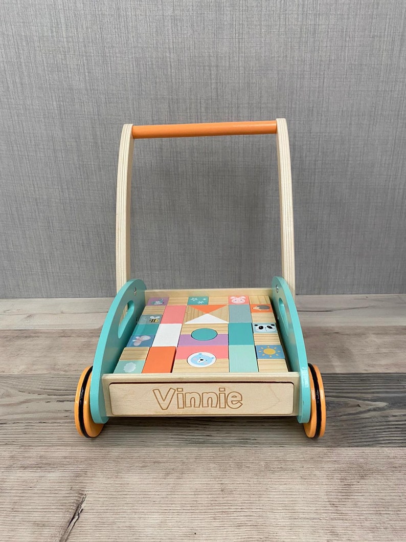 Personalised Wooden Unisex Walker with Shapes Learn to Walk Pastel Animal Blocks Toddler Gift Childrens Birthday image 4