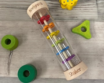 Personalised Wooden Rainbow Rattle Acoustic Toy - Rainmaker - Soothing Toy