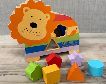 Personalised Lion Shape Sorter - Wooden Animal Toys - Shape Fitting Toy - Birthday Gift - Christmas Toy - Christening Gift