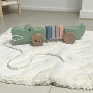 May include: A green wooden pull-along alligator toy with a white pull string. The alligator has a row of colourful wooden blocks and wooden wheels. The name "OLIVIA" is printed on the side of the wheel.