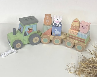 Personalised wooden farm tractor puzzle train - wooden tractor - animals - christening gift - Christmas gift