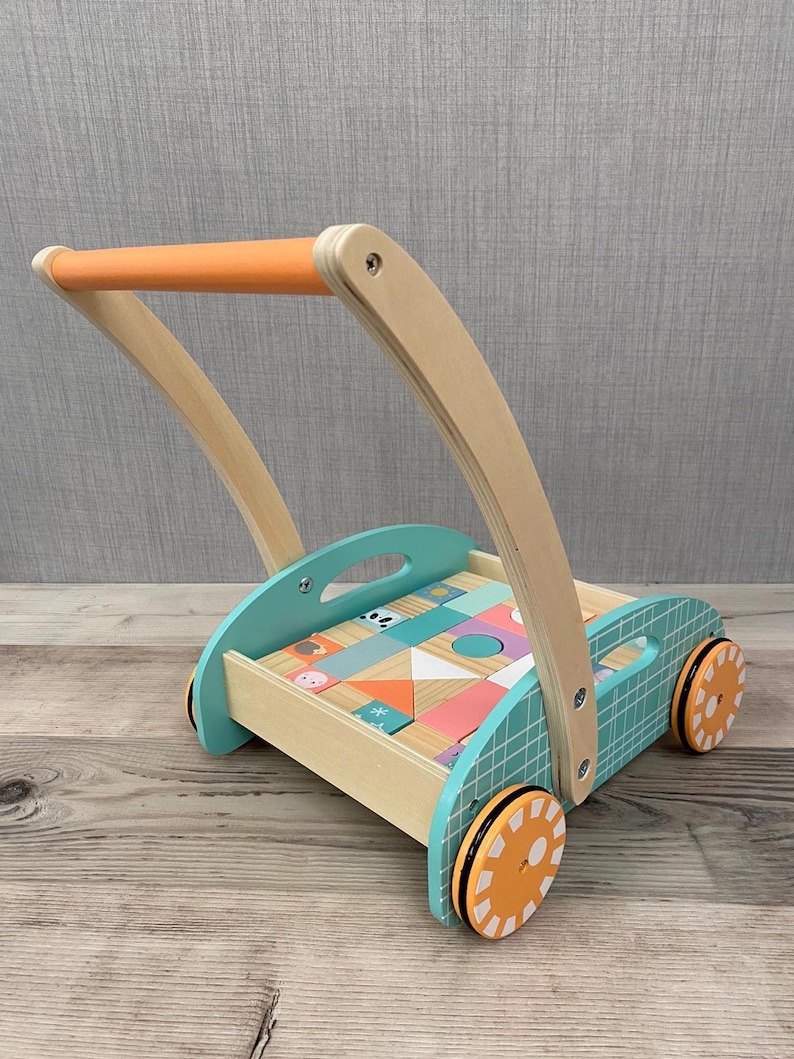 Personalised Wooden Unisex Walker with Shapes Learn to Walk Pastel Animal Blocks Toddler Gift Childrens Birthday image 10