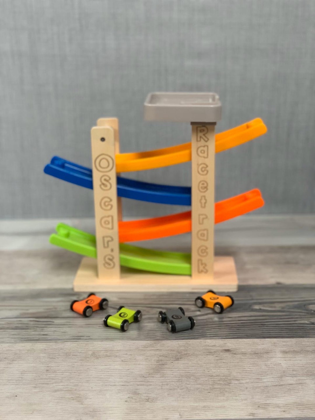 Personalised Wooden Race Car Track With Cars - Engraved Toy - Wooden ...
