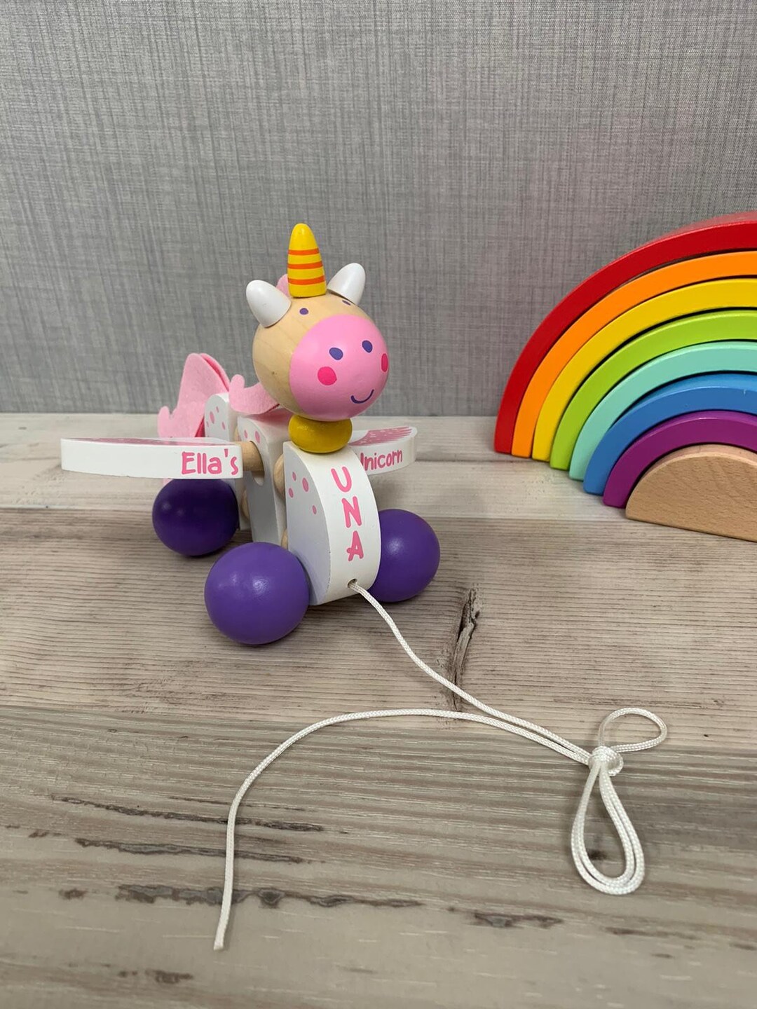 Personalised Wooden Unicorn Wiggly Pullalong Toy Rainbow Unicorn First