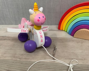 Personalised Wooden Unicorn Wiggly Pull-Along Toy - Rainbow Unicorn - First Birthday - Baby shower - CE Tested - Baby Gift - Toddler Toy