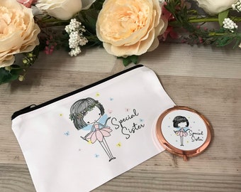 Personalised fairy make up bag and compact mirror - special sister - snowdrop range - rose gold - Christmas stocking filler