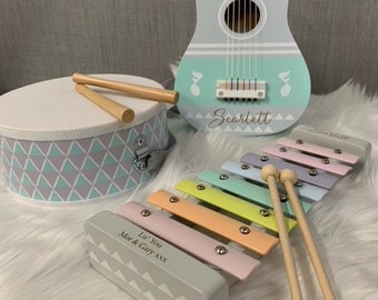 Personalised unisex pastel musical instruments - drum, xylophone, guitars, wooden music set - gift for kids - children's toy-Christmas gift