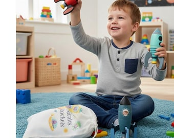 Wooden Rocket Construction Set with Personalized Storage Bag - Astronaut Toy