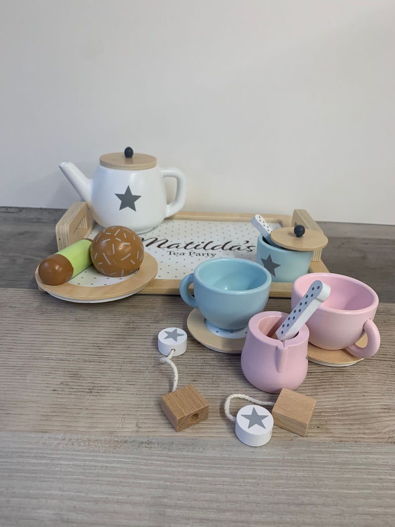 Personalised Wooden Tea Playset Stars Design Afternoon Tea Wooden Toys Personalized Tea Set Tea Party Unisex Tea Set image 10