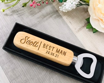 Gepersonaliseerde gegraveerde houten flesopener met doos inbegrepen - huwelijksgeschenk - bruidegom - beste man - groomsman cadeau - huwelijksbedankjes ND
