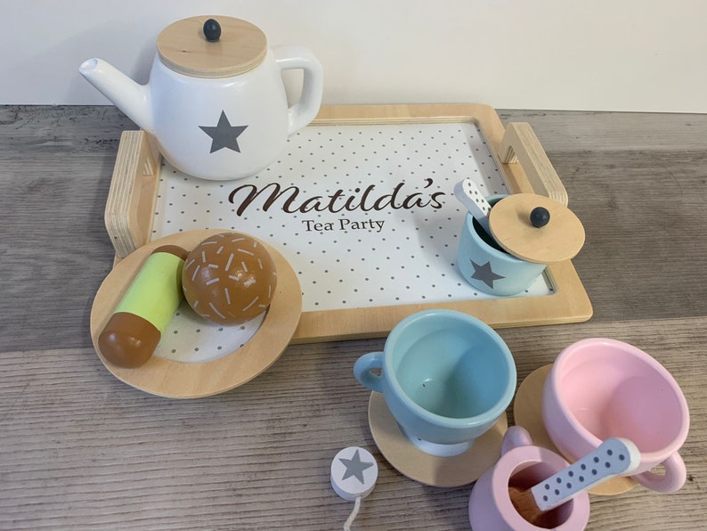 Personalised Wooden Tea Playset Stars Design Afternoon Tea Wooden Toys Personalized Tea Set Tea Party Unisex Tea Set image 9