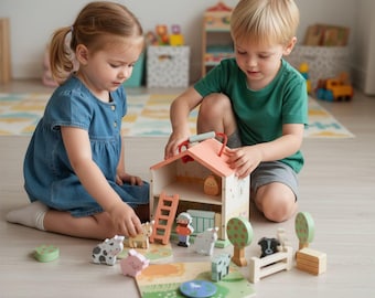 Personalised Farm House Play set with figures wooden toy