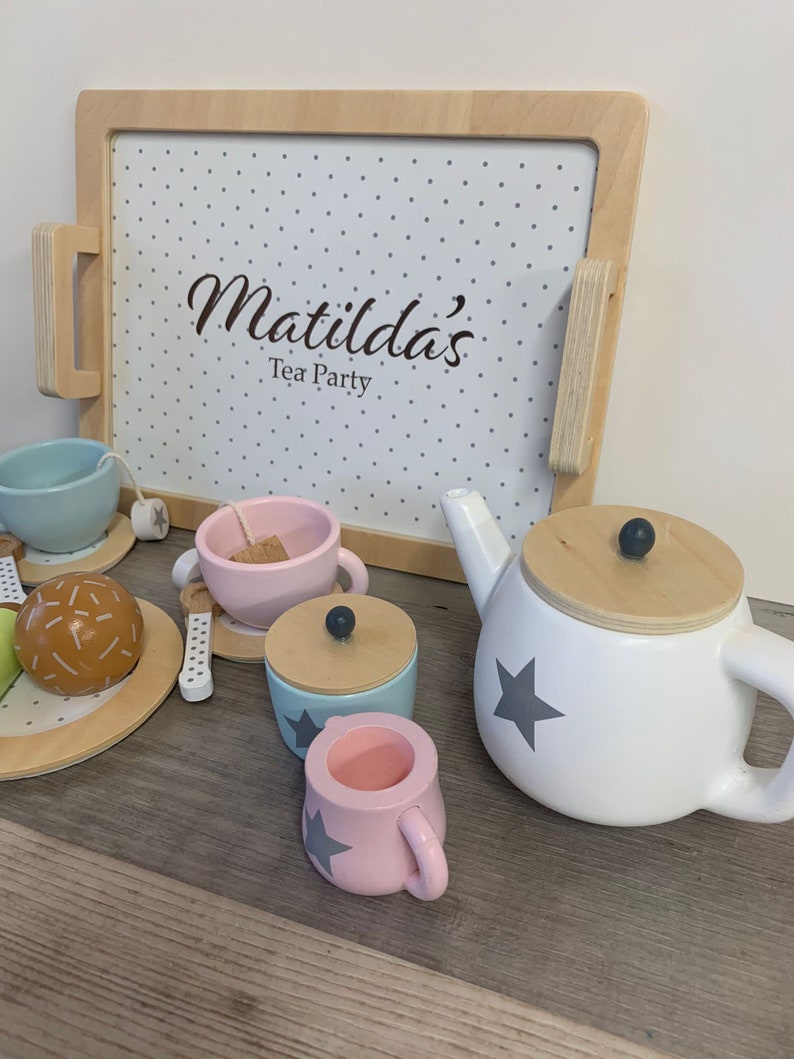 Personalised Wooden Tea Playset Stars Design Afternoon Tea Wooden Toys Personalized Tea Set Tea Party Unisex Tea Set image 7