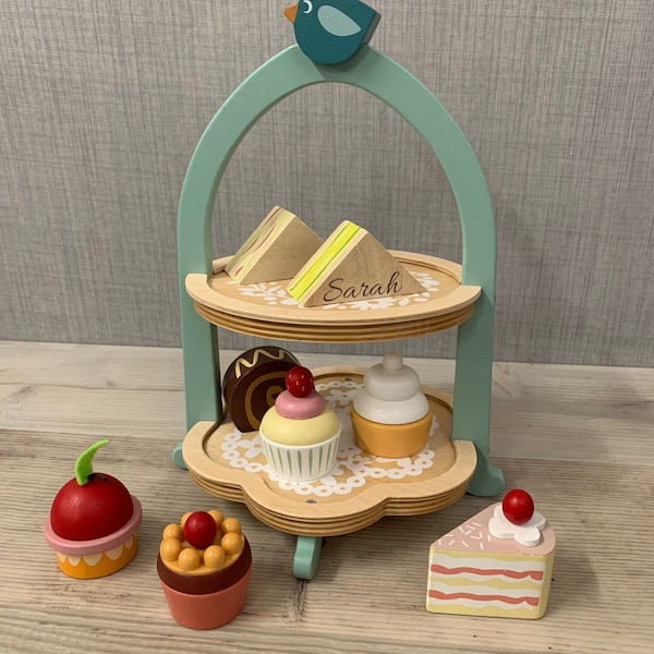 Personalised Wooden Afternoon Tea Playset - Cake Engraved Wooden Toy - Home Play - Tea Party - CE Tested Gifts