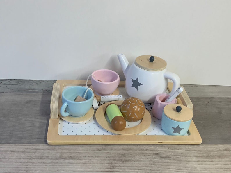 Personalised Wooden Tea Playset Stars Design Afternoon Tea Wooden Toys Personalized Tea Set Tea Party Unisex Tea Set image 8