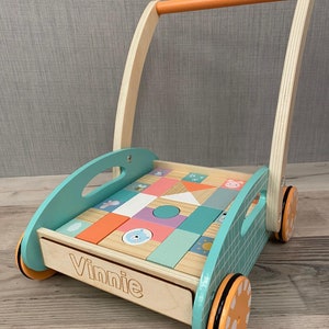 Personalised Wooden Unisex Walker with Shapes Learn to Walk Pastel Animal Blocks Toddler Gift Childrens Birthday image 5