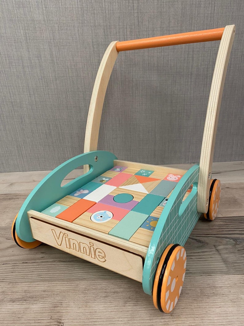 Personalised Wooden Unisex Walker with Shapes Learn to Walk Pastel Animal Blocks Toddler Gift Childrens Birthday image 5