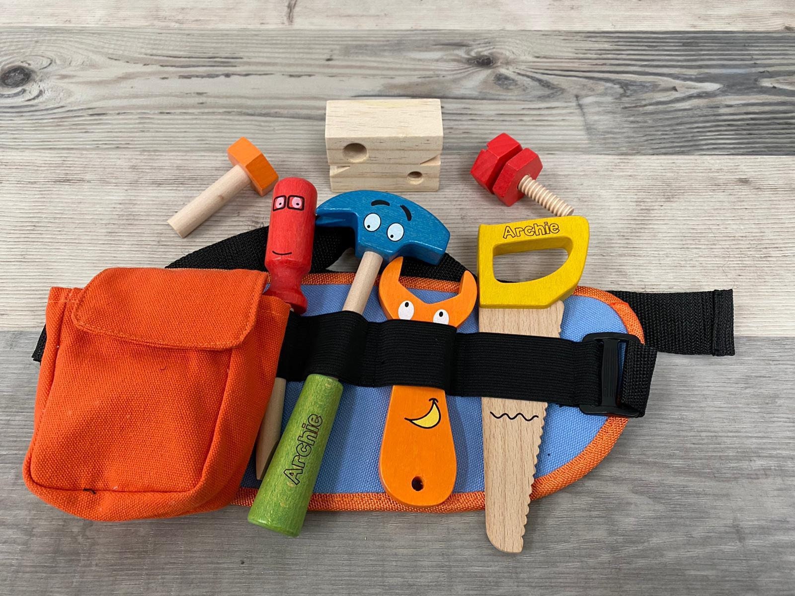 Personalised wooden multicoloured tool belt - builders’ belt - wooden toy - pretend tools