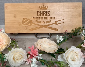 Personalised Wooden Barbecue Set - Engraved Wedding Barbecue Set - BBQ Grill Tools - Fathers Day Gift - Gift for Him