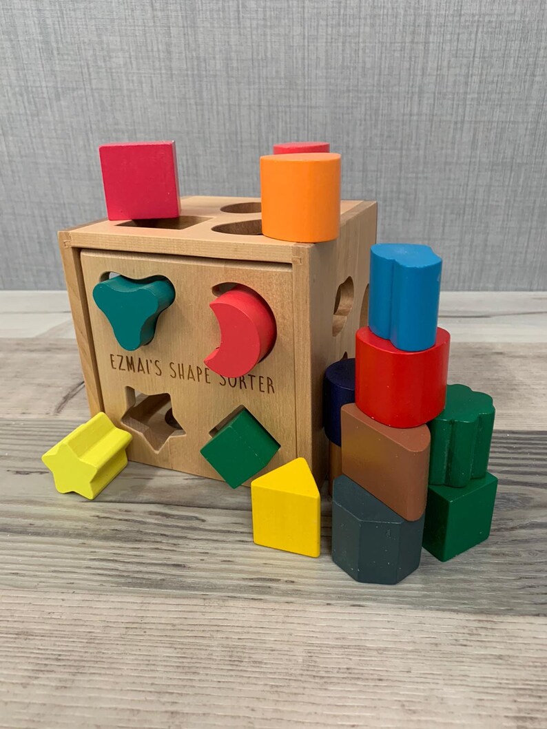 Personalised wooden shape sorter cube wooden toy learning Etsy