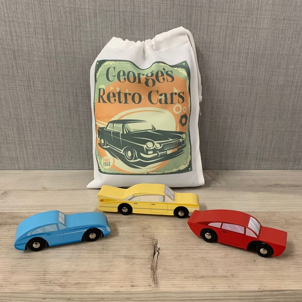 Wooden push along Retro classic cars with Personalised Printed Storage Bag - Gifts for Toddlers - Wooden toys - Christening Gift
