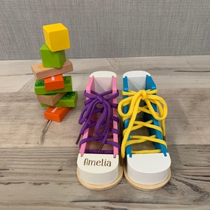 Personalised Wooden Shoe - Learn to Tie Shoelaces - Colourful Learning Toy - Toddler Toy